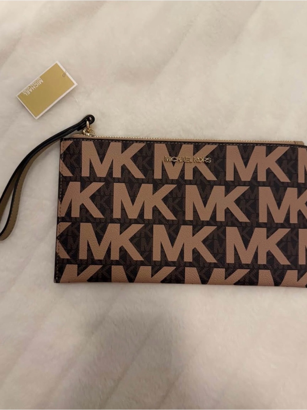 Michael Kors Camel & Brown MK Logo Zip Wristlet